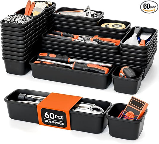 [5-Sizes] 60 Pack Tool Box Organizer Tray, Large 12'' Tools Box Organizers and Storage, for Hammer, Wrench, Screw, Small Parts Toolbox Organization, Tool Cart Chest Garage Drawer Organizer Tray, Black