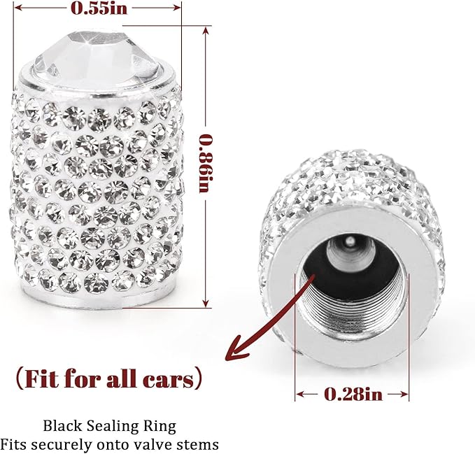 ToBeQueen Bling Tire Valve Caps, 4 Pack Handmade Crystal Rhinestone Tire Caps Universal Bling Car Accessories for Women Dustproof Bling Valve Stem Caps Cover for Car/SUV/Motorcycle/Bike(Silver)