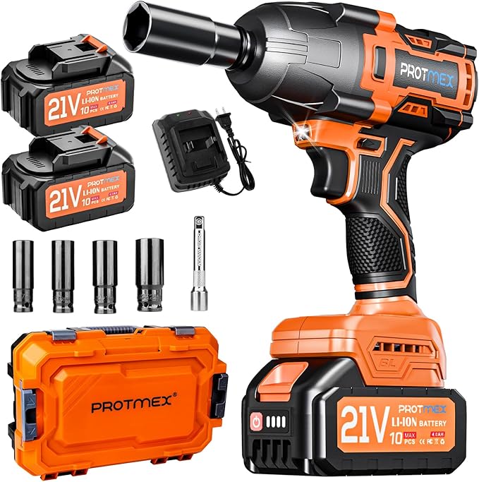 Protmex Cordless Impact Wrench, 900Ft-lbs (1200N.m) 1/2" Brushless Impact Gun, 21V High Torque Power Impact Driver, 2x4.0Ah Batteries Electric Impact Motor Variable Speeds for Car/Pickup Truck/Mower