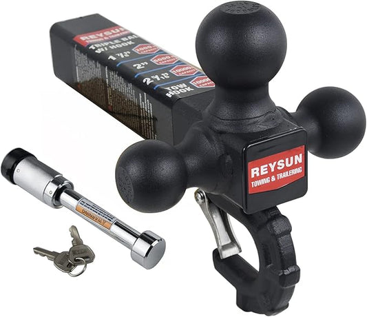 Trailer Hitch 864011L Tri Ball Mount with Hook, Tactical Tow Hook, Fits 2 inch Hitch Receiver, Secure with Self-Lock Latch, Matt Black, 5/8 Inch Hitch Lock Included…