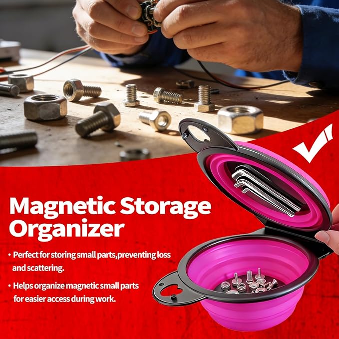 Collapsible Magnetic Parts Tray Set, New Upgraded Version Magnetic Trays, Integrated 5.1" Round Dual Silicone Bowls, Multi-Use Nuts And Bolts Organizer, Bonus Hook for On-the-Go Carry (magenta2.0)