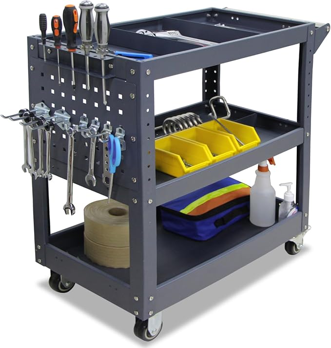 3 Tier Rolling Tool Cart, 500 lbs Capacity, 31.5"x29"x15", Mechanics Cart with 4 Dividers, Mesh Panel & Screwdriver Shelf