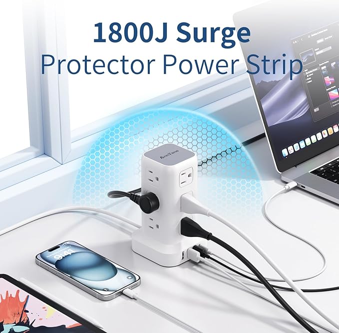 AnnTane Surge Protector Power Strip 6.5 FT Cord, Power Strip Tower with 4 USB Ports (1USB C), Extension Cord with 12 AC Multiple Outlets, Home Office Supplies Desk Accessories, Dorm Room Essentials