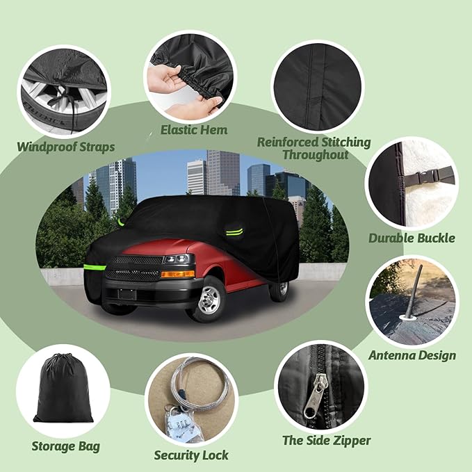 Car Cover for 2003-2025 Chevrolet Express Van/GMC Savana Cargo Van 1500/2500/3500 Regular SWB, Waterproof 210T Sun Rain UV Dust Snow Protection Car Cover with Zipper Door & Windproof Straps