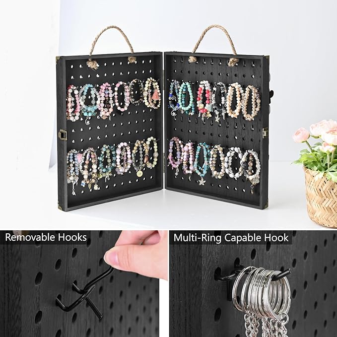 MOOCA Wooden Foldable and Portable 2 Panel Pegboard Jewelry Display Organizer with 48 Removable Black Metal Hooks & Convenient Rope Handle for Easy Carrying, Dual-Sided Panels for Hanging, Black Color