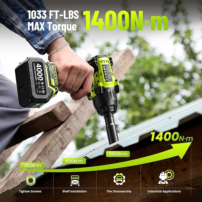 Robustrue 1400N.m (1032ft-lbs) Cordless Impact Wrench, 11Pcs Tire Repair Kit, 1/2" Brushless High Torque Impact Gun, 2x4000 mAh Batteries, Fast Charger, Impact Driver for Car Home/Truck RV/Mower