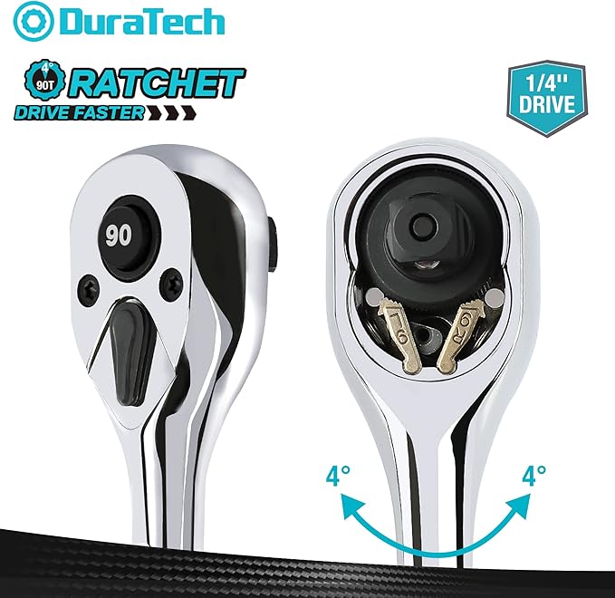 DURATECH 1/4-Inch Drive Ratchet, 90-Tooth Quick-release Ratchet Wrench, Reversible, Cr-V Made, Full Polished, Stocking Stuffers for Men Gifts for Men Gifts for Women gifts for dad