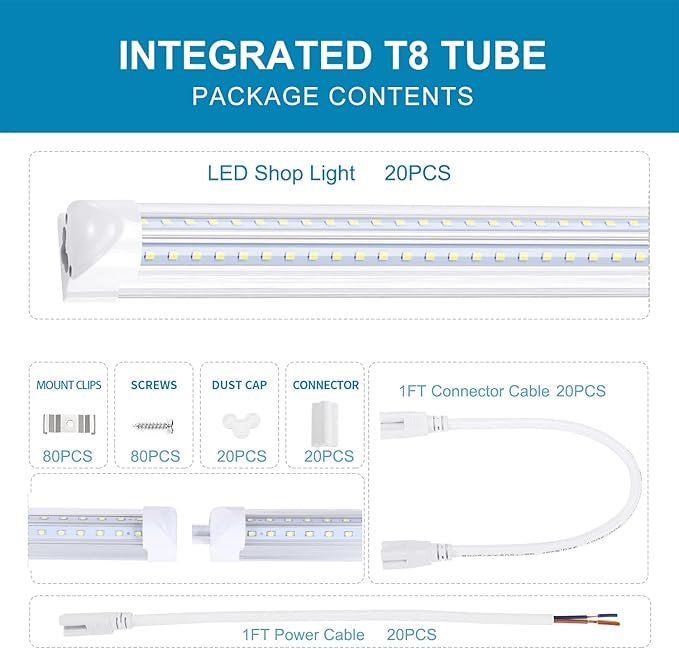Linkable Shop Lights Fixture,100W 8ft Led Tubes, T8 Integrated LED Light Fixture, V Shaped 270 Degree,6000K, Plug and Play, LED Fluorescent Tube Lights Replacement,(20-Pack)