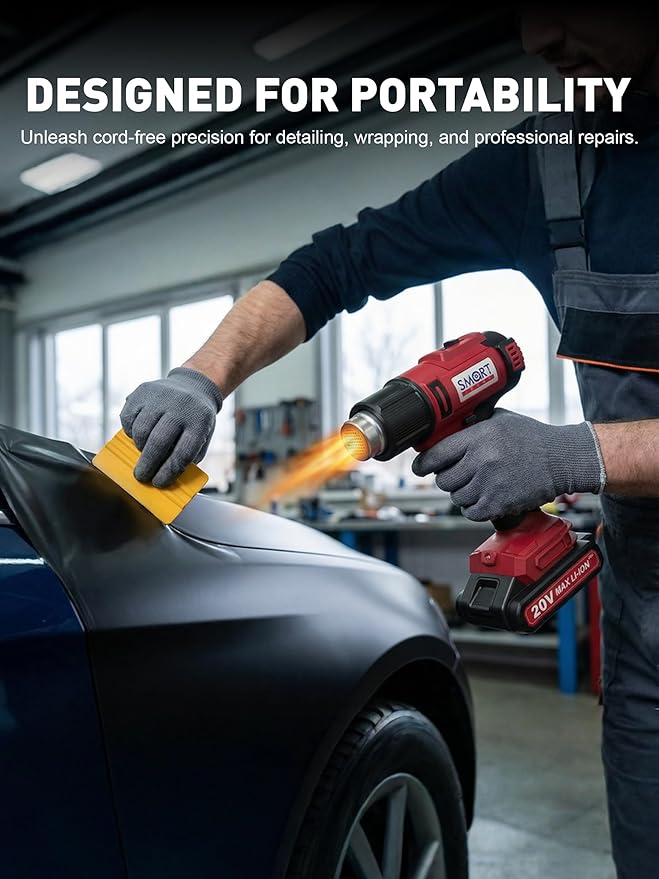 SMART JERRY - Cordless Heat Gun | Portable Heat Gun for Vinyl Wrap, Resin, Crafting, Shrink Tubing, Soldering & Candle Making | Battery Heat Gun Kit w/ 5 Nozzles (20V Li-ion Battery Included)