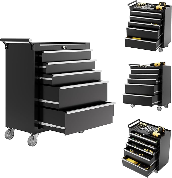 IDEALHOUSE Rolling Tool Chest, 5 Drawers Tool Storage Cabinet, Toolbox with Wheels, Portable Tool Cabinet Organizer with Locking System & Drawer Liners, Tool Storage Cart for Garage, Workshop, Black