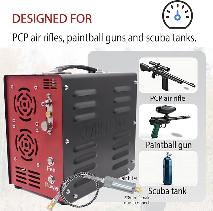 PORTAIR 4500PSI Portable HPA Compressor,Auto-Stop, Oil/Water-Free, Built-in Power Converter PCP Air Compressor for Air Rifle, Scuba Tank, Powered by Car Battery 12V DC or Home 110V AC (Black)