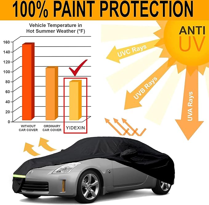 YIXIN Waterproof Car Covers for 2003-2009 Nissan 350Z Car Covers 190T Covers Customer Fit 100% Waterproof Windproof Strap & Double Door Zipper Up to 173” L (Black) (Black)