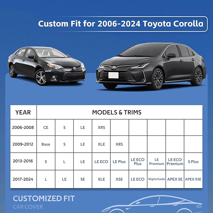10 Layers Car Cover Custom Fit for Toyota Corolla Sedan (2000-2024) Waterproof All Weather for Automobiles, Outdoor Full Cover Rain Sun UV Protection.Silver