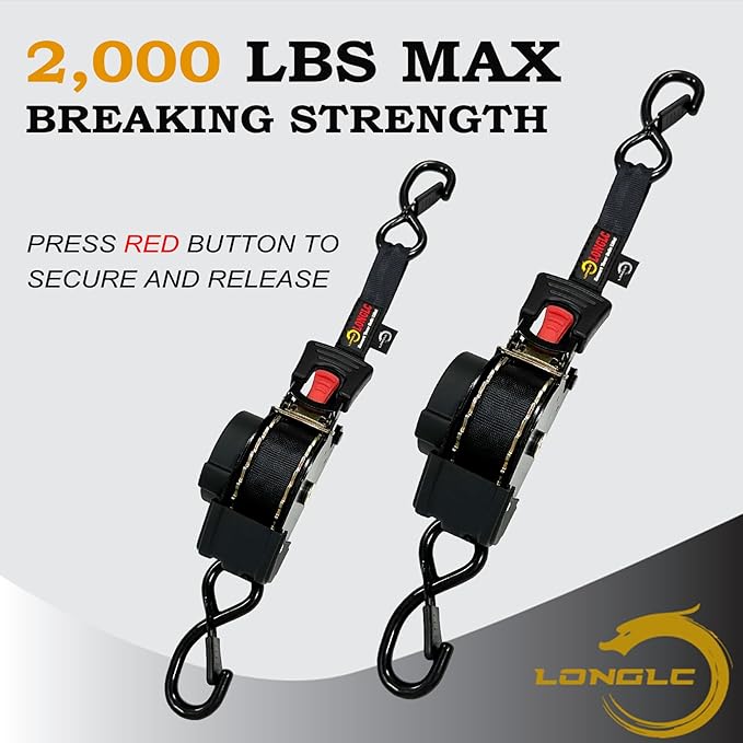 4-Pack Retractable Ratchet Straps Black Heavy Duty - 1 Inch X 10Feet with Soft Loops, 2,000lbs Breaking Strength - Best for Trucks, Cargo Trailer, Motorcycle, Tie Down Straps Ratchet