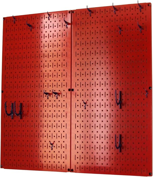 Wall Control Kitchen Pegboard Organizer Pots and Pans Storage Rack Organization Kit with Red Pegboard and Blue Accessories