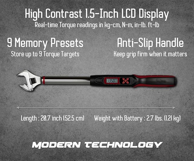 Tapha Tools Adjustable Digital Torque Wrench 5 - 99.5 ft-lbs (6.8 - 135 N-m) Torque Range, 5 - 30 mm Adjustable Jaw, LED and Buzzer Notification, Preset Memory, ISO 6789 Tested and Calibrated