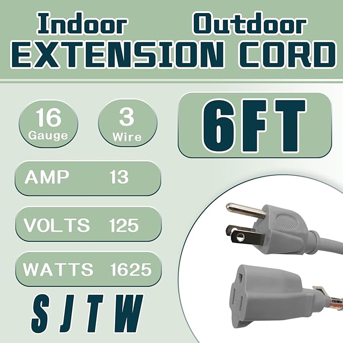 Indoor Outdoor Extension Cord 6 FT, 16/3 SJTW Weatherproof White Electrical Cords, 13 AMP Heavy Duty 3 Prong Power Cable Great for Garden, Landscaping & Holiday Decorations, 2 Pack