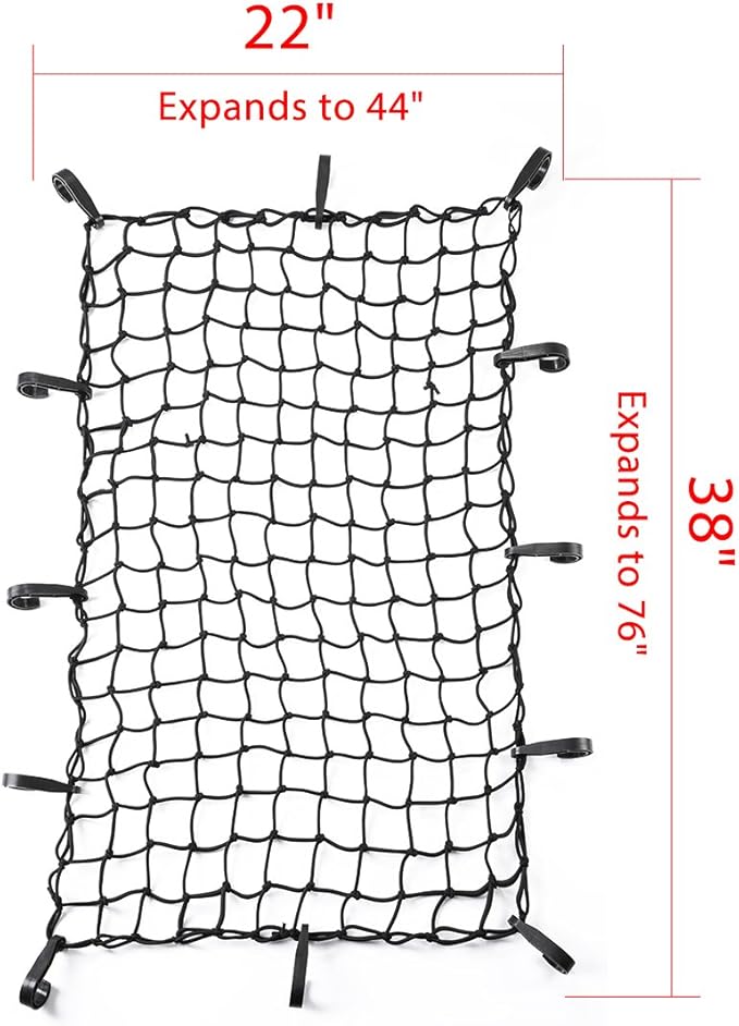 CZC AUTO Black Latex Bungee Cargo Net, Strech to 44"x76" Luggage Netting with 2"X2" Small Mesh, 12 Adjustable Plastic Hooks for Rooftop Cargo Carrier Roof Rail Rack Hitch Basket SUV, 22"x38", 2 Pack