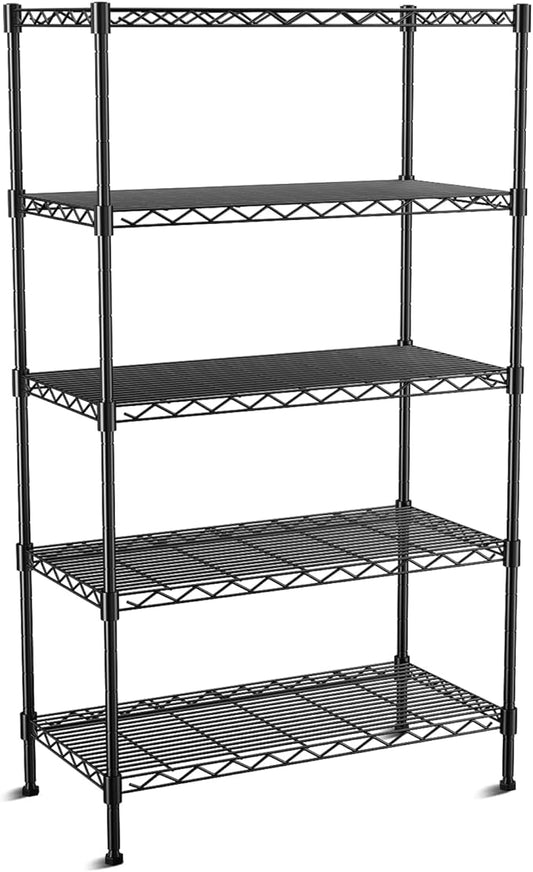 5-Tier Heavy Duty Wire Shelving Unit,35.4" Wx18 Dx71 H,Wire Shelf Racks with Wheels,Height Adjustable Storage Metal Shelves for Kitchen,Garage,Office,Living Room,Pantry,Black