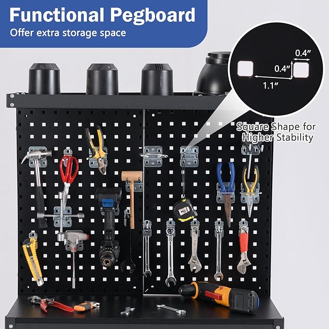 Goplus Workbench with Drawer, 32" x 16" Heavy-Duty Work Table with 2 PCS Pegboard & 4 Shelves, 19 Hanging Hooks, 495LBS Capacity, Metal Tool Storage Work Bench for Garage, Workshop, Home
