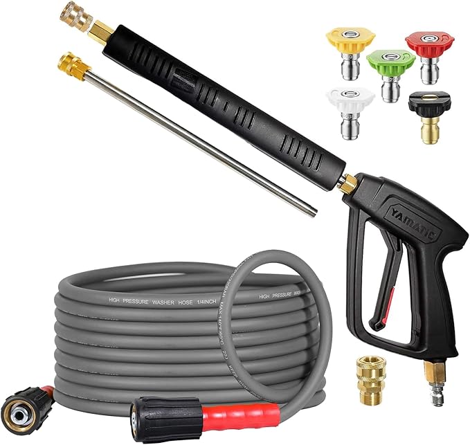 YAMATIC Pressure Washer Gun and Hose, 25 FT Flexible Hose with Stainless Steel Extension Power Washer Wand, 3/8" Swivel Quick Connect & M22-14mm Adapter Replacement for Ryobi Simpson Honda (Grey)