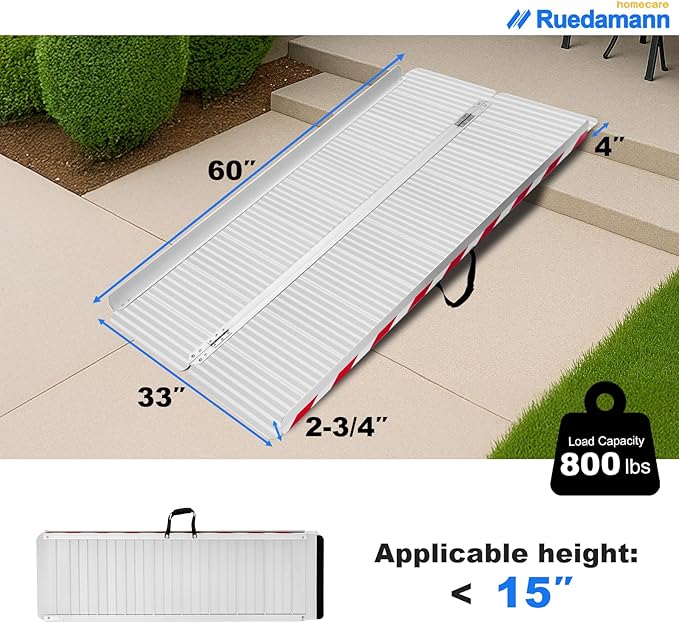Ruedamann 5FT x 33.5" Extra Wide Electric Scooter ramp Wheelchair ramp for Doorways, Lightweight with Handle 800Lbs, Non-Slip Foldable Threshold Ramp for Heavy Wheelchair for Curb, Steps and Stairs