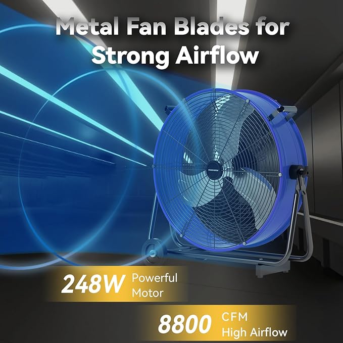 24 Inch Industrial Drum Fan 8800 CFM High Velocity Floor Fan for Garage, Warehouse & Workshop - 3-Speed Heavy Duty Metal Fan with 360° Tilt, Wheels & UL Safety Listed