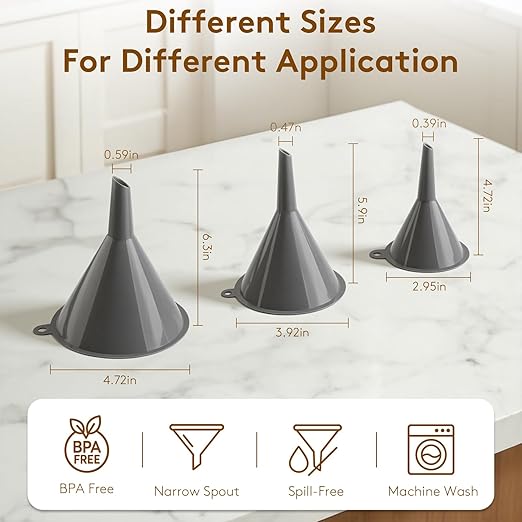 3Piece Plastic Kitchen Funnel Set, Multifunctional Funnels for Filling Bottles Canning Car Oil Funnels,Small Medium Large Round Food Funnel for Cooking, Lab, Automotive Use