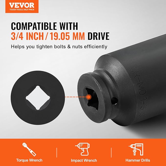 VEVOR Axle Nut Impact Socket Set - 3/4" Drive Deep 6-Point 8-Piece SAE Spindle Nut Socket CR-MO Heat Treated Large Socket Set with Storage Case for Auto Repair, Removing or Installing Axle Nuts