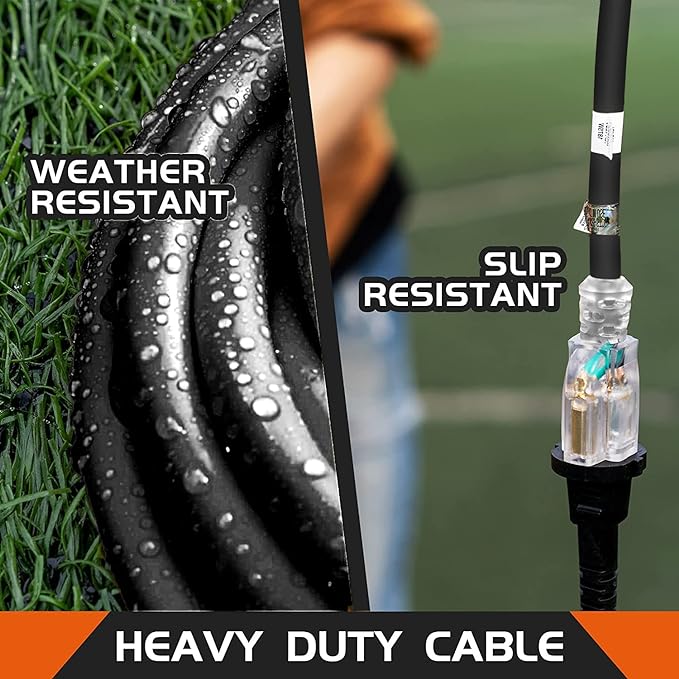 Indoor Outdoor Extension Cord Weatherproof with Lighted End, UL Listed, 10 Gauge 15FT Black 3 Prong Heavy Duty, 10/3 SJTW 15A Power Cord for Outdoor Lights, Lawn