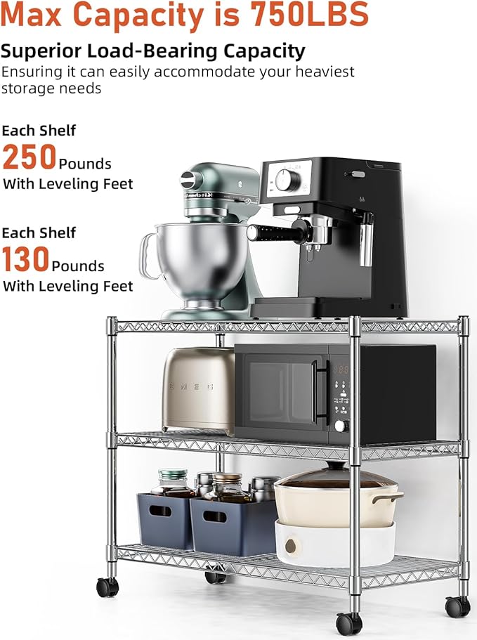Simple Deluxe Heavy Duty 3-Tier Storage Shelves 750Lb Capacity, 24.02" D x 13.78" W x 29.92" H Adjustable Shelving Unit with Wheels, Chrome