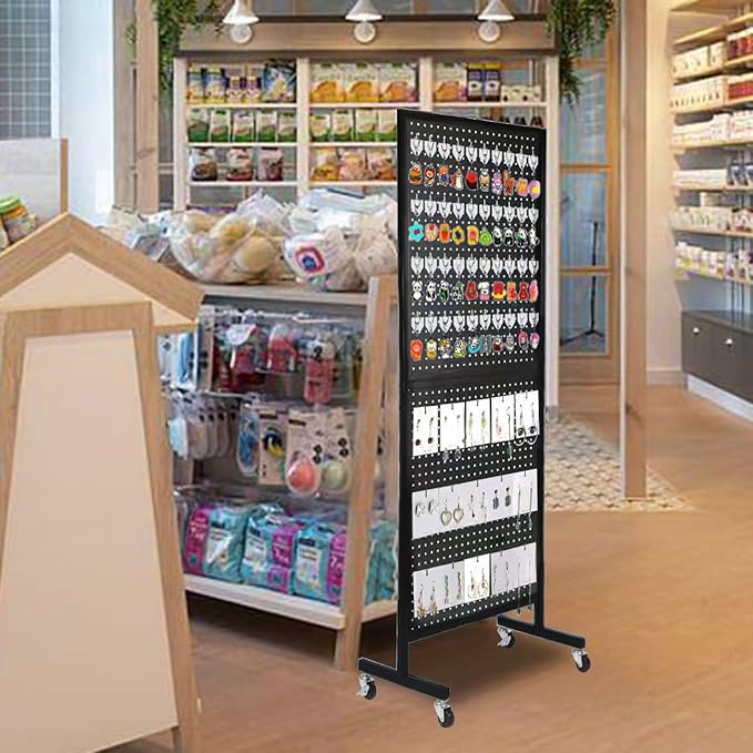 NectaCol 2'x 5' Standing Pegboard Display with T-Base, Pegboard Display Stand with Wheels, Metal Peg Board Display Rack, Art Display Stand, Extra 10 Pieces Hooks - Black