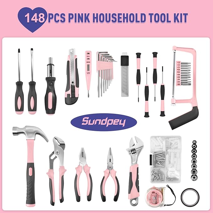 Sundpey Home Tool Kit 148-Pcs - Household Starter Basic Hand Repair portable Tool Set with Case & Ratcheting Screwdriver & Hex Key & Pliers & Wrench & Voltage Tester & Water Pump Plier for Women