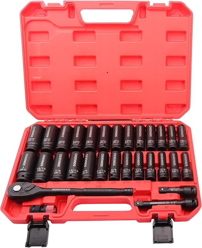 30-Piece 1/2" Drive Impact Socket Set - 6 Point Deep SAE & Metric CR-V Steel Sockets with 3", 5"Extension Bar,Ratchet Wrench,and Bit Adapter(1/2" 30 PCS Socket Set,Metric and SAE)