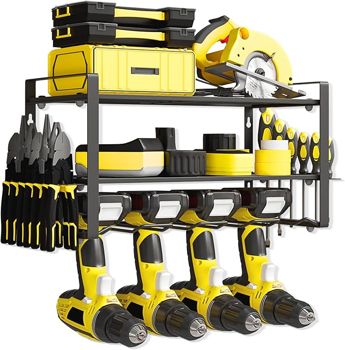 Power Tool Organizer Wall Mount, 3-Tier Heavy Duty Metal Rack Loads 180lbs with 4 Drill Holders and Side Hooks, Tool Battery Utility Rack Suitable Garage﻿