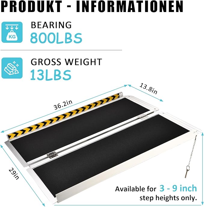 3FT Wheelchair Ramp, Non-Slip Portable Aluminum Ramp for Disabled Single-Fold 800lbs Weight Capacity for Steps Stairs and Thresholds