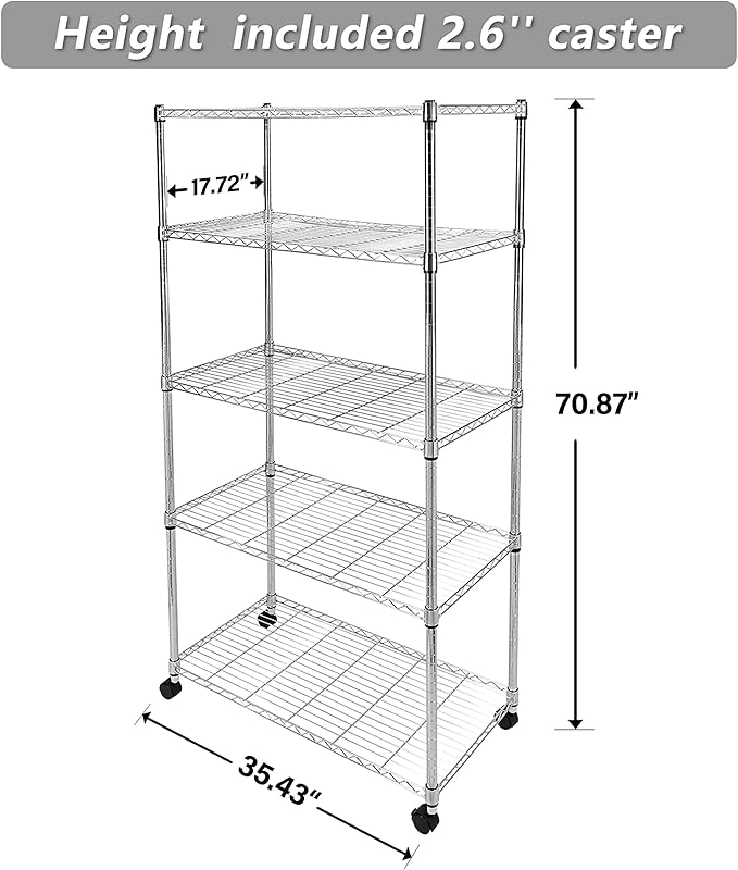 Simple Deluxe Heavy Duty 5-Shelf Storage Shelves, 1750Lb Loading Capacity, 35.43" W x 17.72" D x 70.87" H Adjustable Shelving Unit with Wheels, Chrome