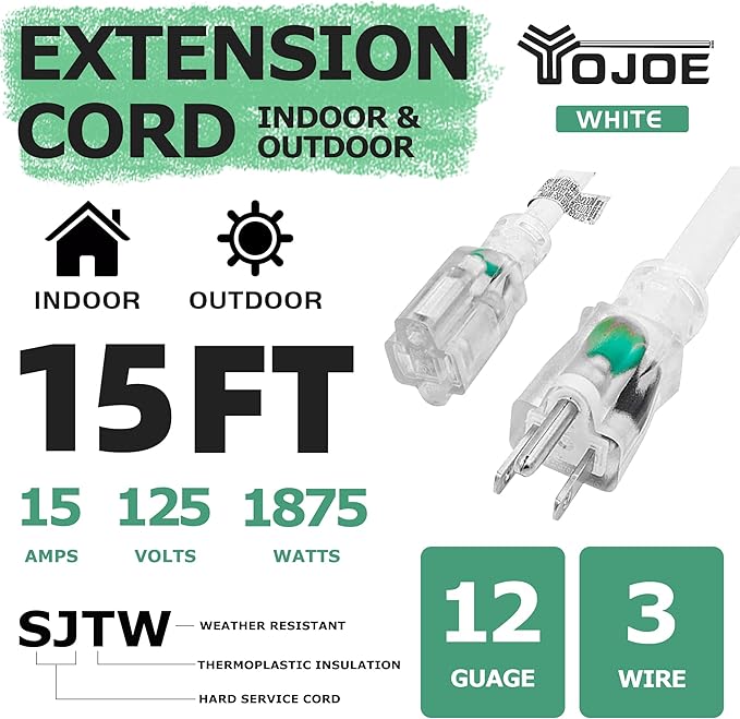 YOJOE Indoor Outdoor Extension Cord with Lighted End, 3 Prong 15A Weatherproof Power Cord, 12 Gauge Heavy Duty 15 ft White Extension Cord for Garage, Garden and Home, 12/3 SJTW UL Listed