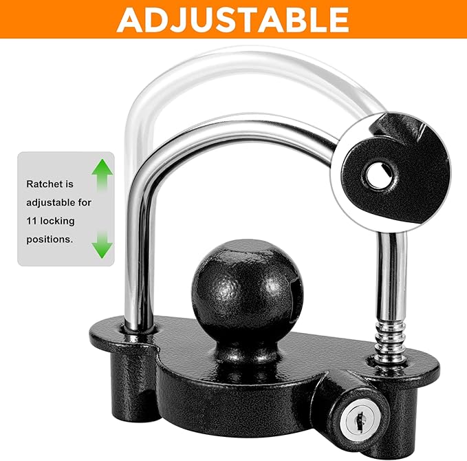 TOPSHINE Trailer Hitch Lock Universal Ball Tow Coupler Security Lock Anti-Theft Fits 1-7/8", 2", and 2-5/16" Couplers, Heavy Duty Steel for Towing Trailers Caravans, Black