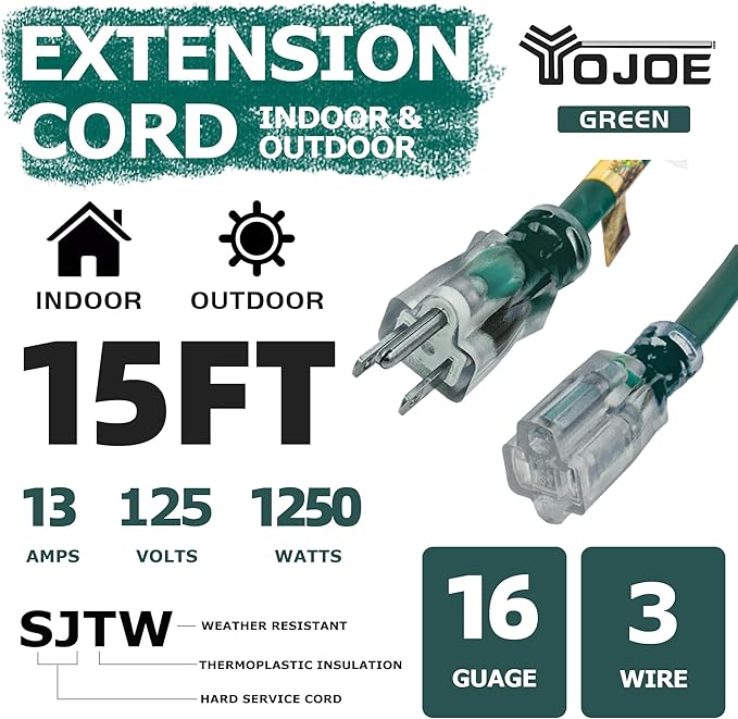 YOJOE Indoor Outdoor Extension Cord with Lighted End, 3 Prong 13A Weatherproof Power Cord, 16 Gauge Heavy Duty 15 ft Green Extension Cord for Garage, Garden and Home, 16/3 SJTW UL Listed
