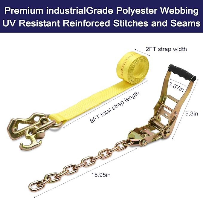 Tie Down Chain Ratchet Straps with 5/16" G70 RTJ Cluster Hook, 18,800 lbs, Heavy Duty Roll Back Car Hauler Tow Ratchets with Chain, for Auto Towing & Recovery, 2 Pack