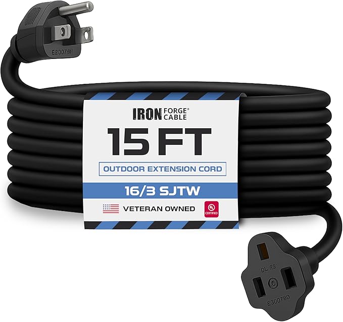Iron Forge Cable 15 Ft Black Extension Cord, 16/3, 15 Foot Extension Cord, 3 Prong, Weatherproof - Great for Outside Use