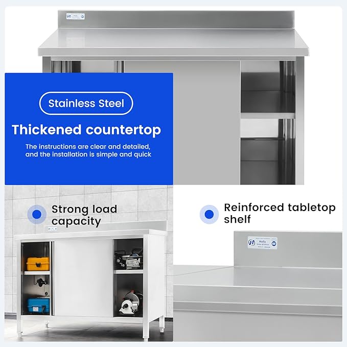 Hally Stainless Steel Cabinet, 30" x 60" NSF Commercial Heavy Duty Prep Workbench with Backsplash and Two Sliding Doors, Large Storage Cabinet, Metal Table for Kitchen, Restaurant, Garage