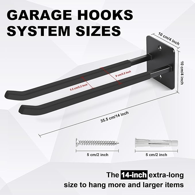 14 Inches Extra Large Garage Hooks, 4Pcs Heavy Duty Garage Wall Mount Organizer, Tool Hanger Long Utility Storage Hooks for Hanging Tire, Chair, Ladder, Garden Tools, Strollers and More