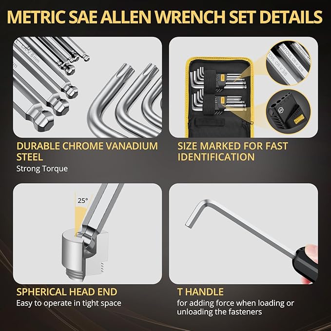 AMTOVL 27PCS Allen Key Set - Metric & SAE Wrench Set, Extra Long Ball & Star End Hex Keys with T-Handle & Color Coding for Bicycle, Household DIY (Sliver-27PCS Allen wrenches sets)