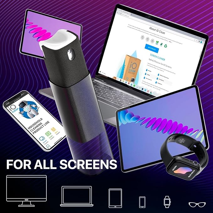 IO CLEAN Mini Screen Cleaner Spray – Finger Proof Screen Cleaner for Smartphones, iPads, MacBooks, Laptops, Car Screens, Touchscreens – 3in1 Mist Cleaner, Microfiber Cloth and Protective Cover (Khaki)