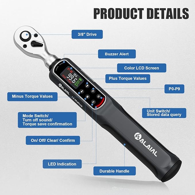 3/8" Digital Torque Wrench 1.5-99.6Ft.Lb/2-135Nm, ±2% Accuracy Electronic Torque Wrench with LED Display, Buzzer & Vibration Alert for Automotive, Car, Motorcycle, Bike Repair, Mechanics, DIY