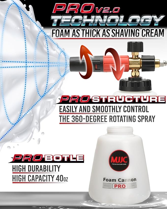 MJJC Foam Cannon Pro V2.0 (Thicker Snow Foam Technology) with 1/4 Inch Quick Connector for Pressure Washer, 40 oz Bottle (Pro V2.0 (1/4" Quick Connector) + SOAP Sample)