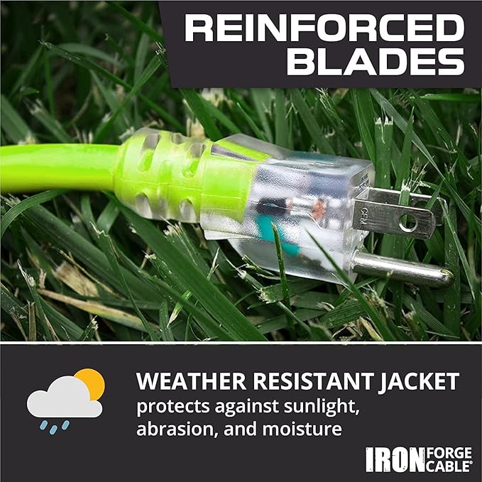Iron Forge Cable Weatherproof 100 Ft Outdoor Extension Cord - 16/3 SJTW 13 Amp Heavy Duty Neon Green High Visibility Cable with 3 Prong - Lighted End