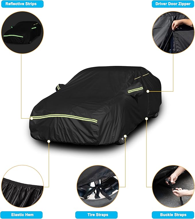 INSAUTO Heavy Duty Waterproof All-Weather Car Cover for Sedans (194–202 Inches), Outdoor Full Car Cover with Door Zipper, Protects from Sun, Rain, Snow, Dust & UV (Black)
